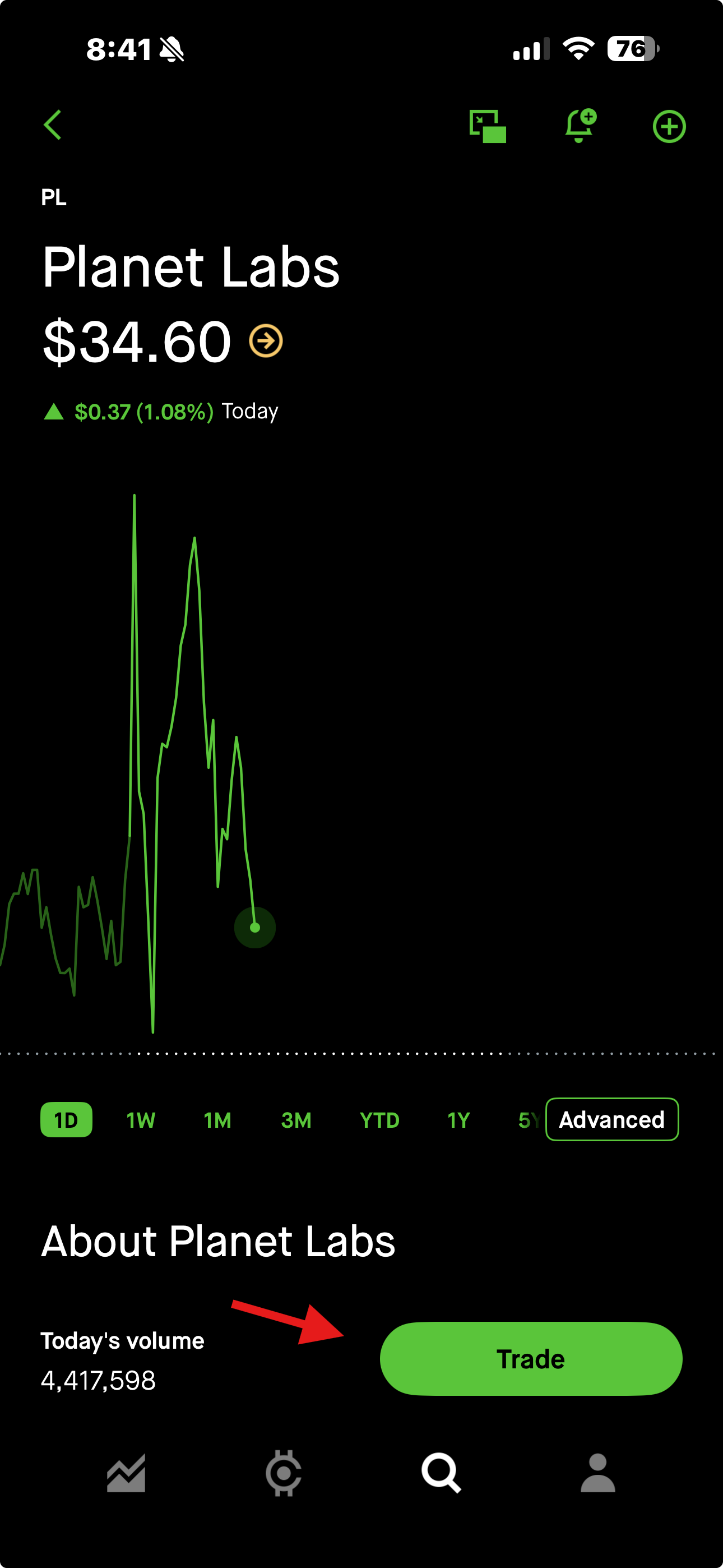 Captura de Robinhood con bot&oacute;n Trade