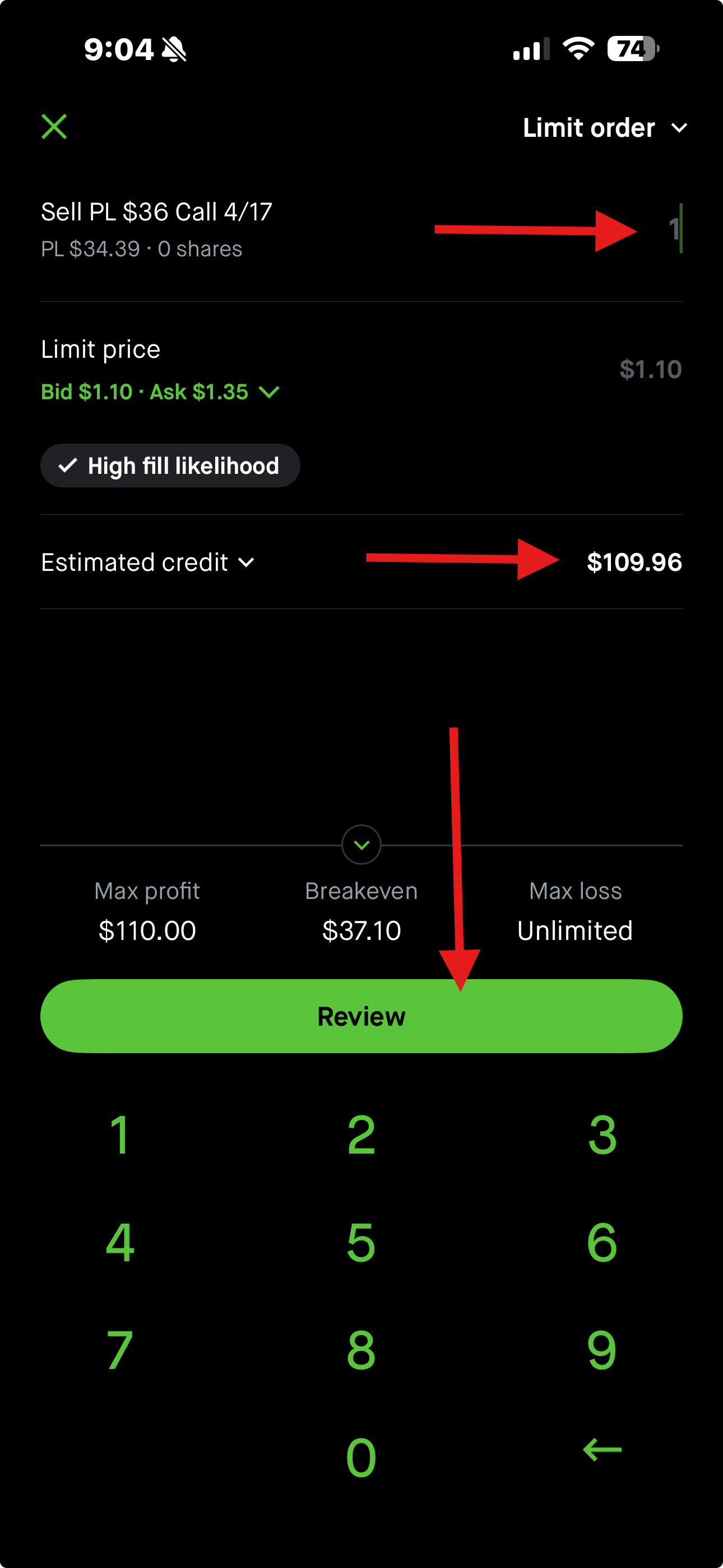 Orden de venta de call en Robinhood